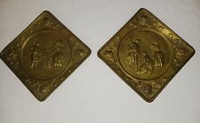 2 Vtg Brass Plaques Colonial Victorian Scenes Wall hangings ENGLAND 7x7