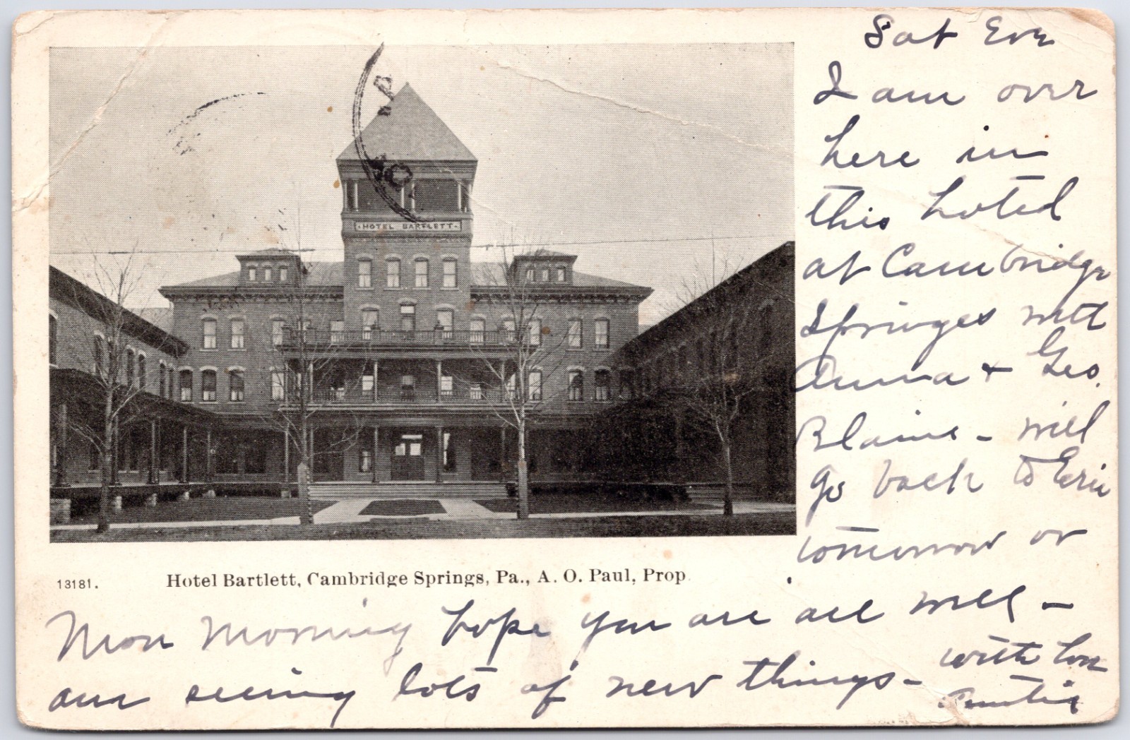 VINTAGE HOTEL BARTLETT CAMBRIDGE SPRINGS PA 1906 UNDIVIDED POSTCARD QW