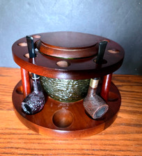 Vintage 1960s Fairfax Solid Walnut 9-Pipe Pipe Stand & Green Glass Humidor w/Lid picture