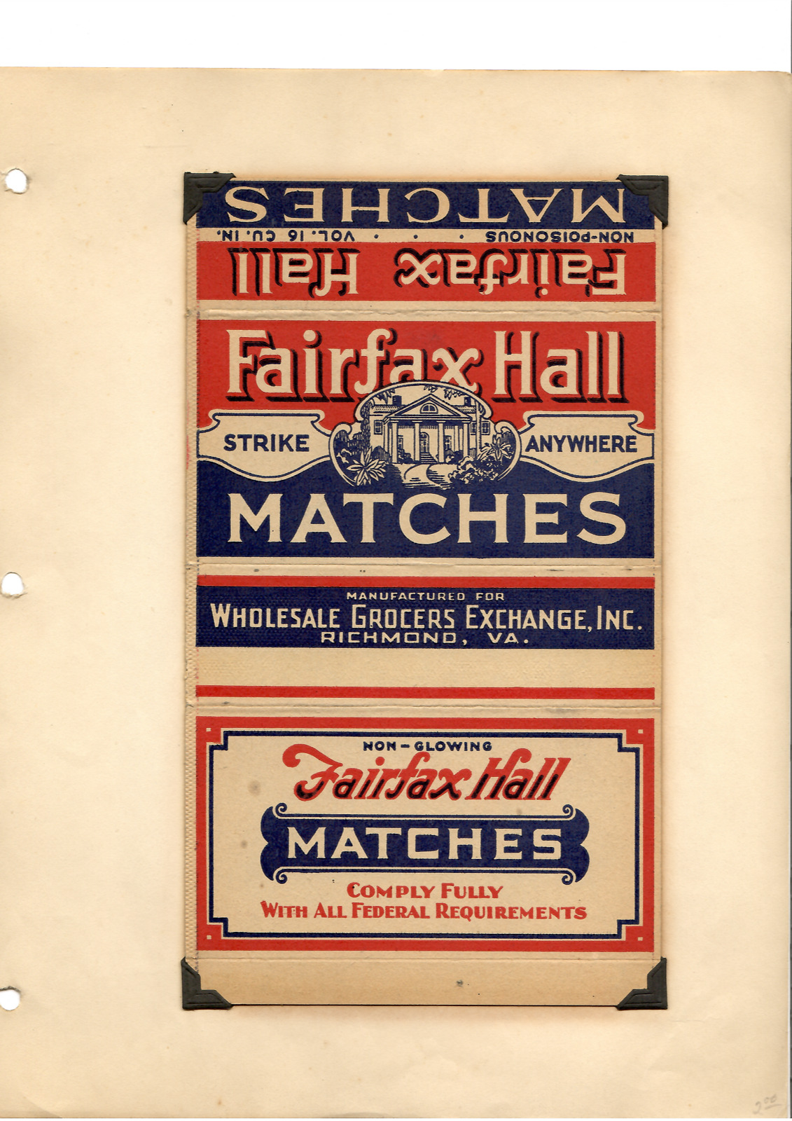 Antique Matchbook - Fairfax Hall / Wholesale Grocers Exchange - Large Box