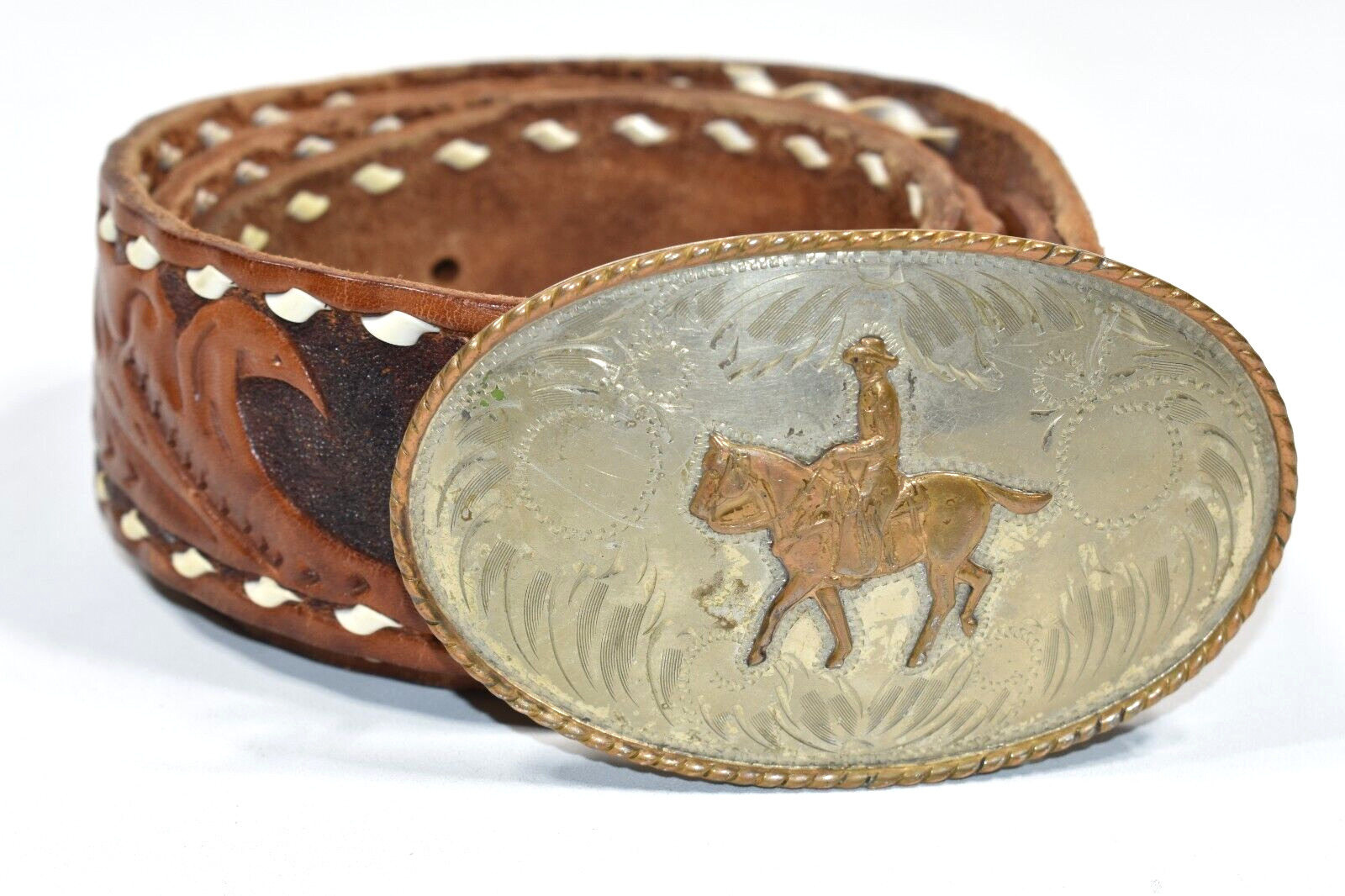 Comstock Silversmiths Cowboy Horse Belt Buckle Custom Leather SAMMY Belt WORN