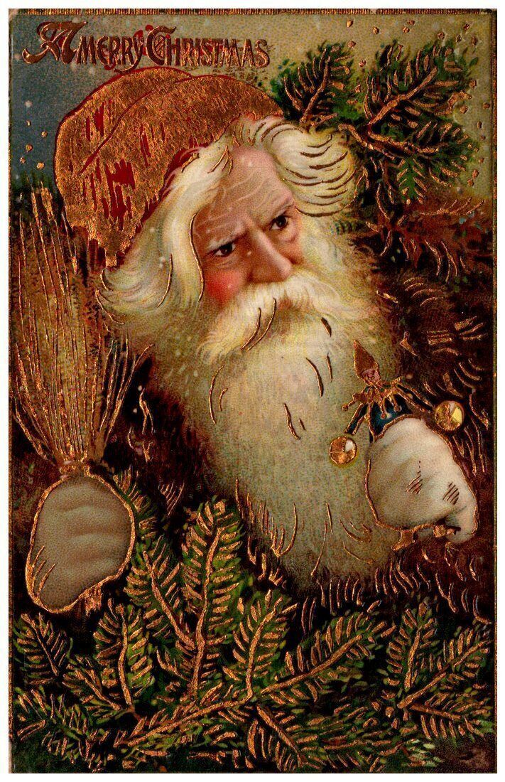 Long Beard Santa Claus with Pine Branches Antique Gilt Christmas Postcard-~z318