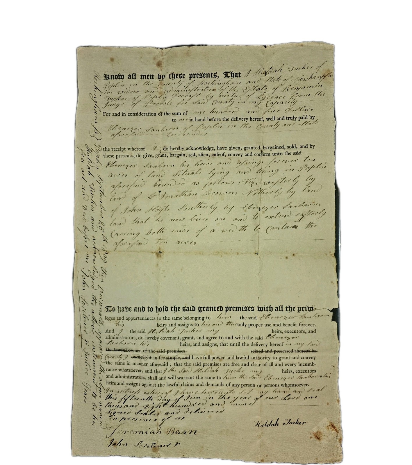 1809 Rockingham NH Deed Huldah Tucker - Ebenezer Sanborn,Bean & Scribner Witness 1809 Rockingham NH Deed Huldah Tucker - Ebenezer Sanborn,Bean & Scribner Witness