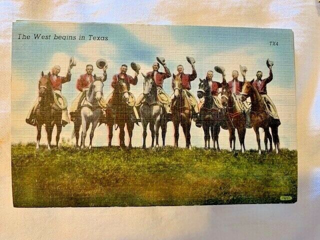 Vintage Linen Postcard The West Begins In Texas Cowboys Saluting Hats Up