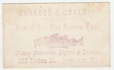Business/trade card of Rhoades & Braley, Lewiston ME, fish and fancy groceries picture