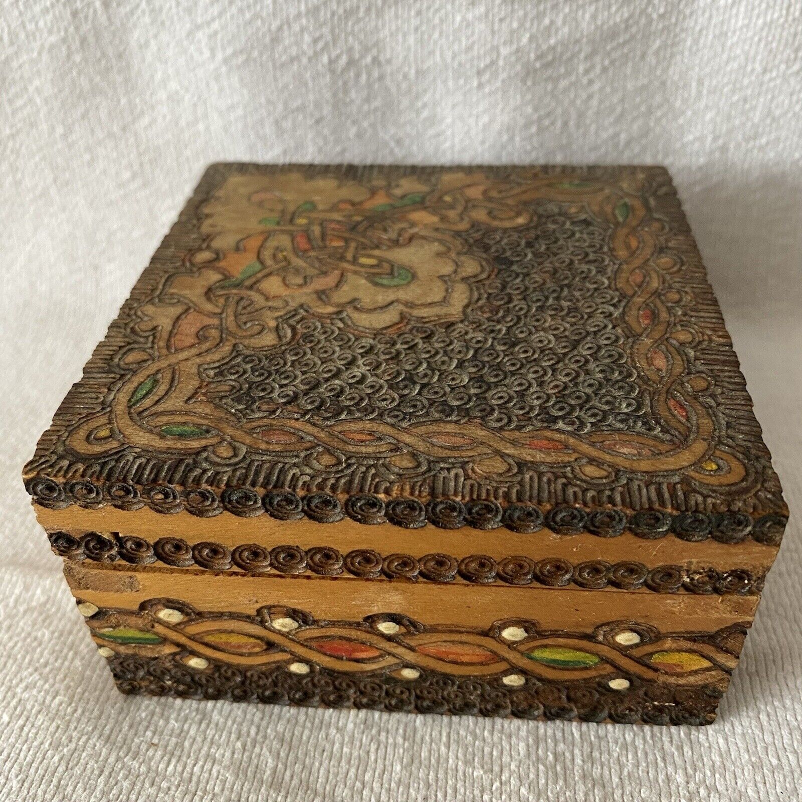 Flemish Tunbridge Ware stamp box Pyrography wood burn carved Ring Earrings Box