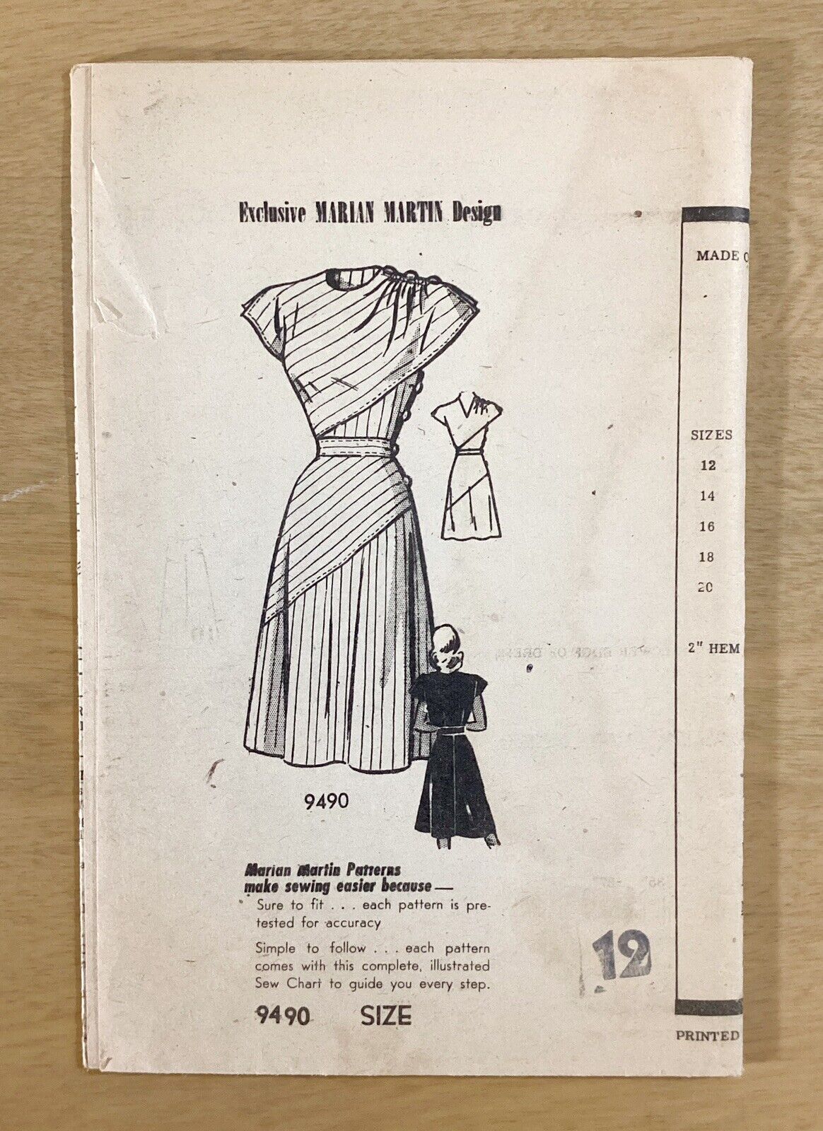1940s Vintage MAIL ORDER Marian Martin 9490 Diagonal Drape DRESS Sewing Pattern