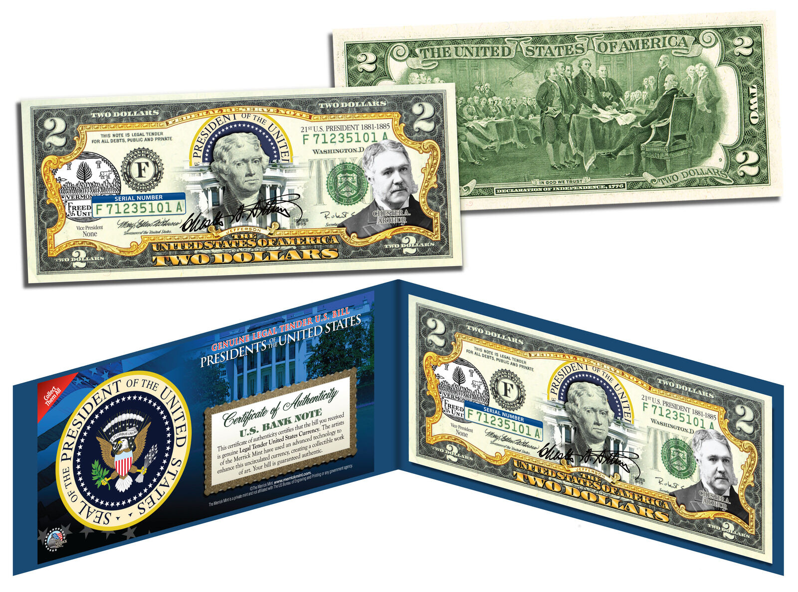 CHESTER A ARTHUR * 21st U.S. President * Colorized $2 Bill Genuine Legal Tender