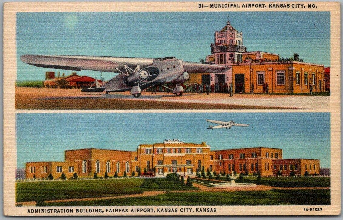 1940s Kansas City, Postcard Municipal & Fairfax Airport Views / Curteich Linen
