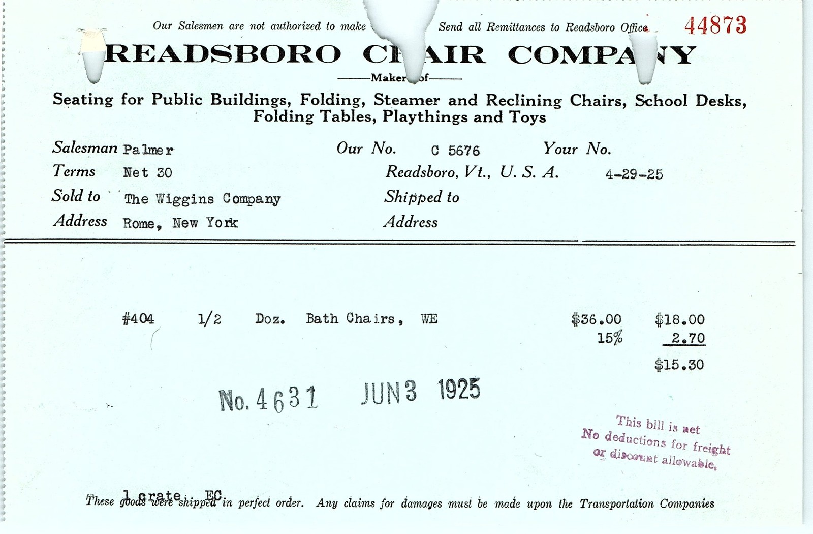 1925 Readsboro Chair Co. Invoice - Bath Chairs 1925 Readsboro Chair Co. Invoice - Bath Chairs