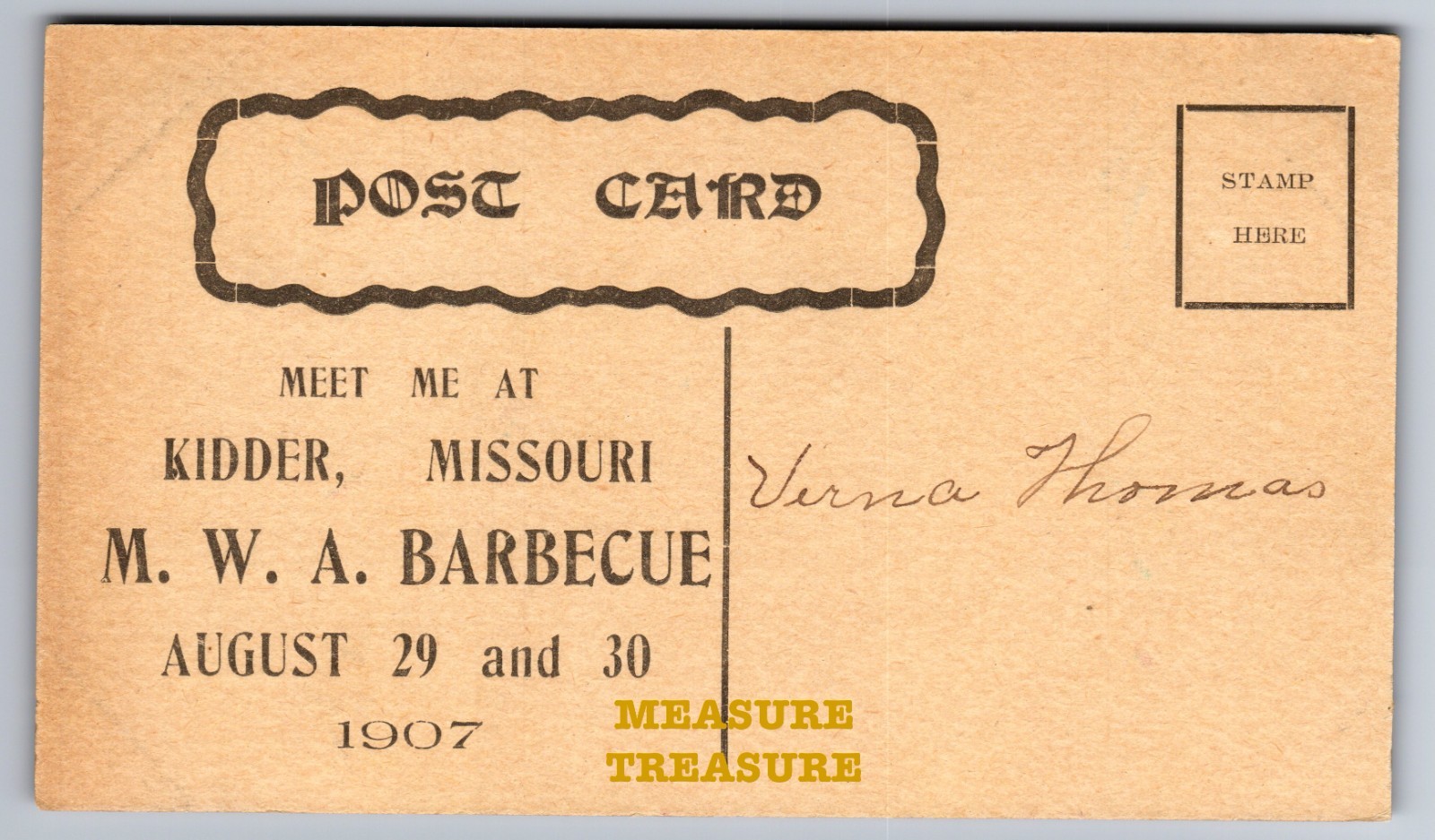 C.1907 KIDDER, MO MISSOURI M. W. A. BARBECUE INVITATION AUGUST 29 Postcard Q17 C.1907 KIDDER, MO MISSOURI M. W. A. BARBECUE INVITATION AUGUST 29 Postcard Q17