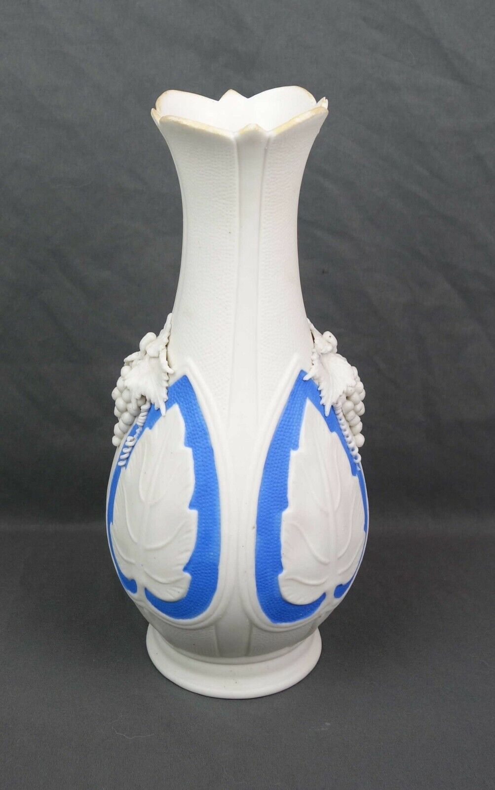 Vintage Early Parian Blue and White Bisque Double Handled Vase with Grapes