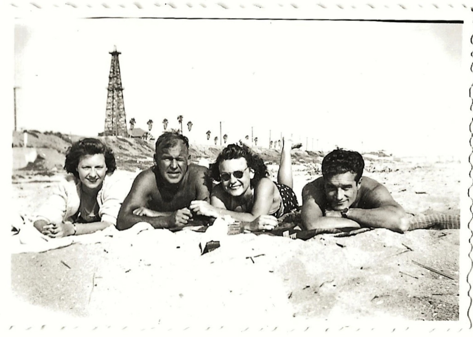 OIL DERRICKS HUNTINGTON BEACH Vintage Photo People Sunbathing Next to Oil Tower OIL DERRICKS HUNTINGTON BEACH Vintage Photo People Sunbathing Next to Oil Tower