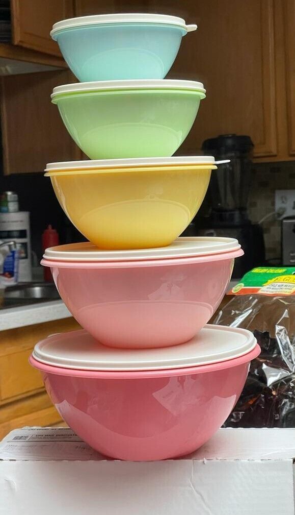 Set of 5 Vintage Tupperware Nesting Wonderlier Pastel Bowls with lids - NEW