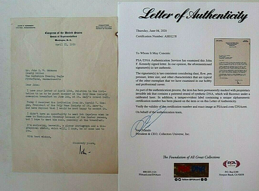 JOHN F KENNEDY EARLY SIGNED LETTER RE INVITATION TO SPEAK ST MARY PITTSFIELD PSA