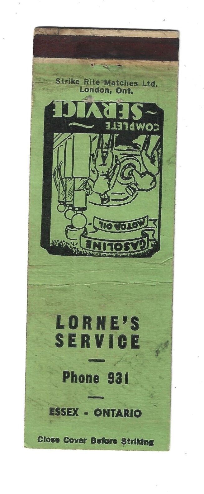Lorne's Service / Gasoline - Essex, Ontario   Matchcover  Old Gas Pumps