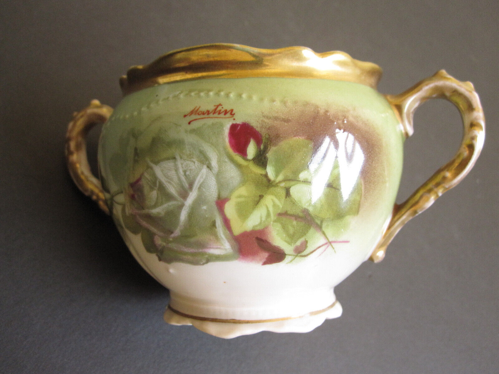 vTg 1920 RARE Gloire de Dijon porcelain MARTIN sign rose Sugar Bowl &Lid Austria