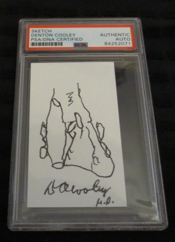 Denton Cooley MD (dec) signed autographed sketch psa slabbed business card Denton Cooley MD (dec) signed autographed sketch psa slabbed business card