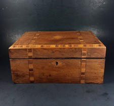 Antique 19th C Walnut Veneer Writing Sewing Work Box Tunbridge Geometric Inlay picture