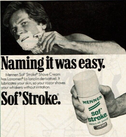 1977 Vintage Print Ad Mennen Sof\' Stroke Shave Cream Lanomen Naming it was easy
