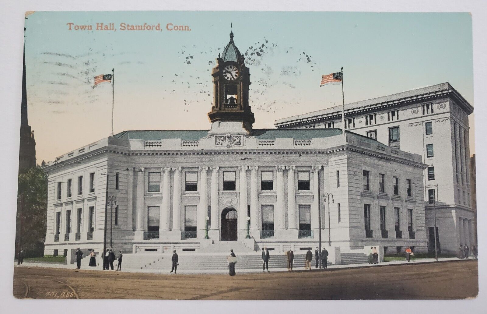 Stamford, CT Connecticut Town Hall Clock Tower Flags 1909 Antique Postcard X56