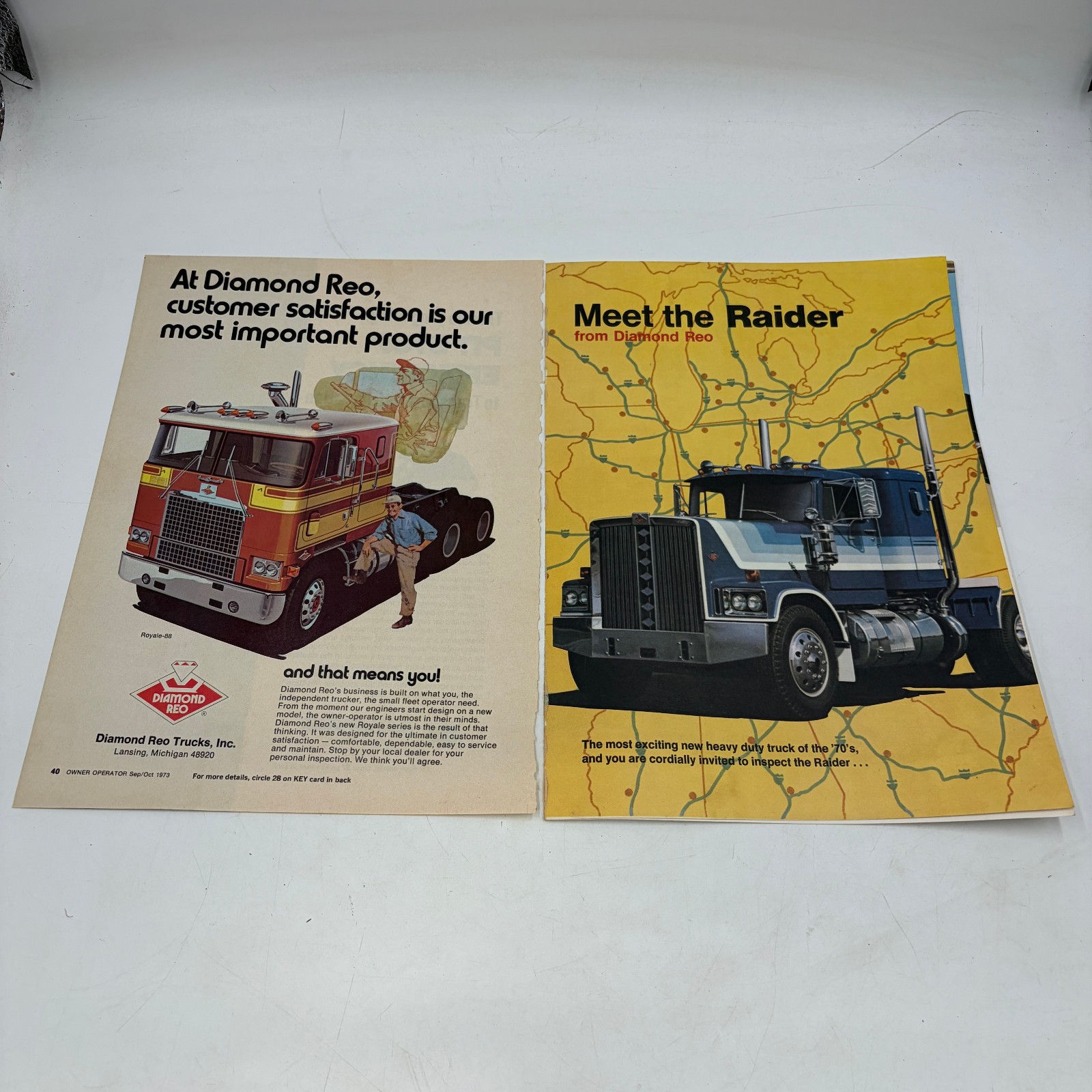 Vtg Diamond Reo Royale Cab Over Semi Truck Dealer Sales Brochure (split) & Ad