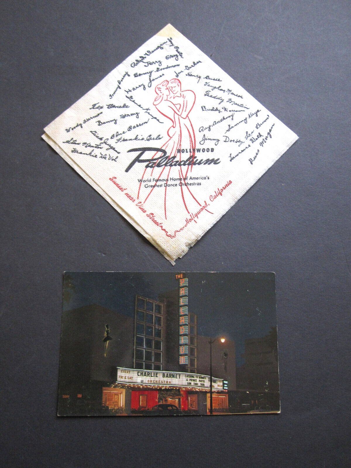 vTg 1960 Palladium Hollywood Charlie Barnet nite CA Postcard & 1940 deco napkin