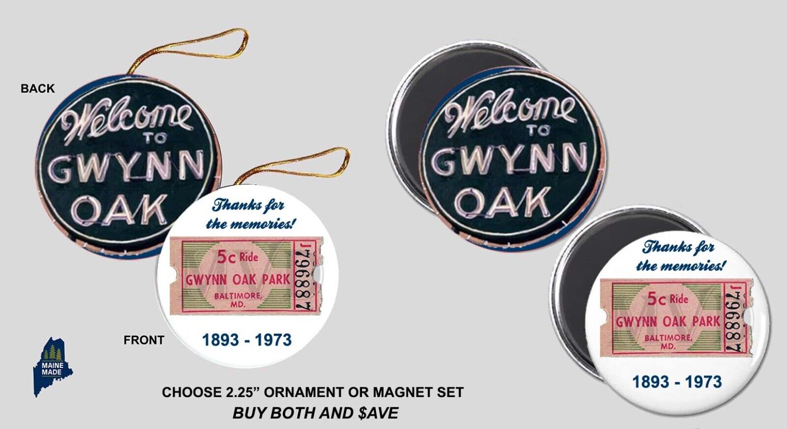 GWYNN OAK PARK Ornament / Magnet Set - Vintage Collectible Defunct Amusement