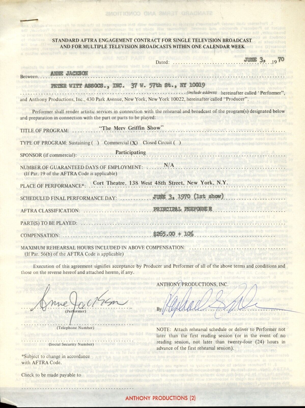 Anne Jackson signed autograph 8.5x11 Original Merv Griffin 1970 Show Contract
