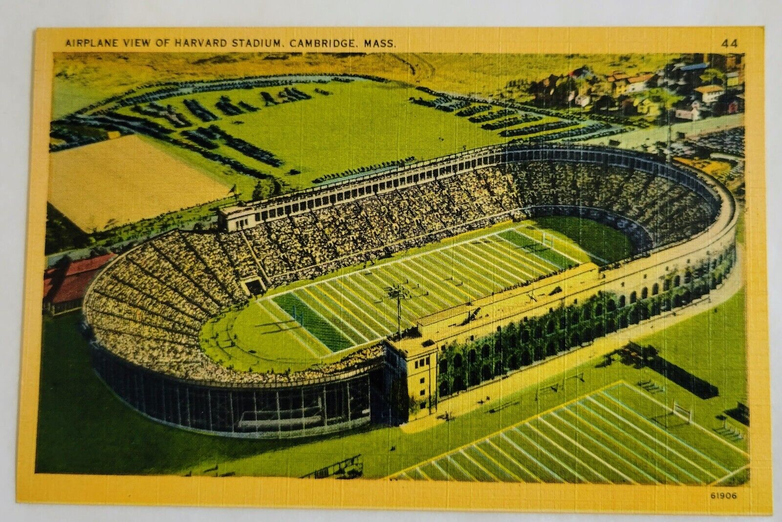 Linen Postcard, Cambridge, Massachusetts, Harvard Football Stadium, ca 1940