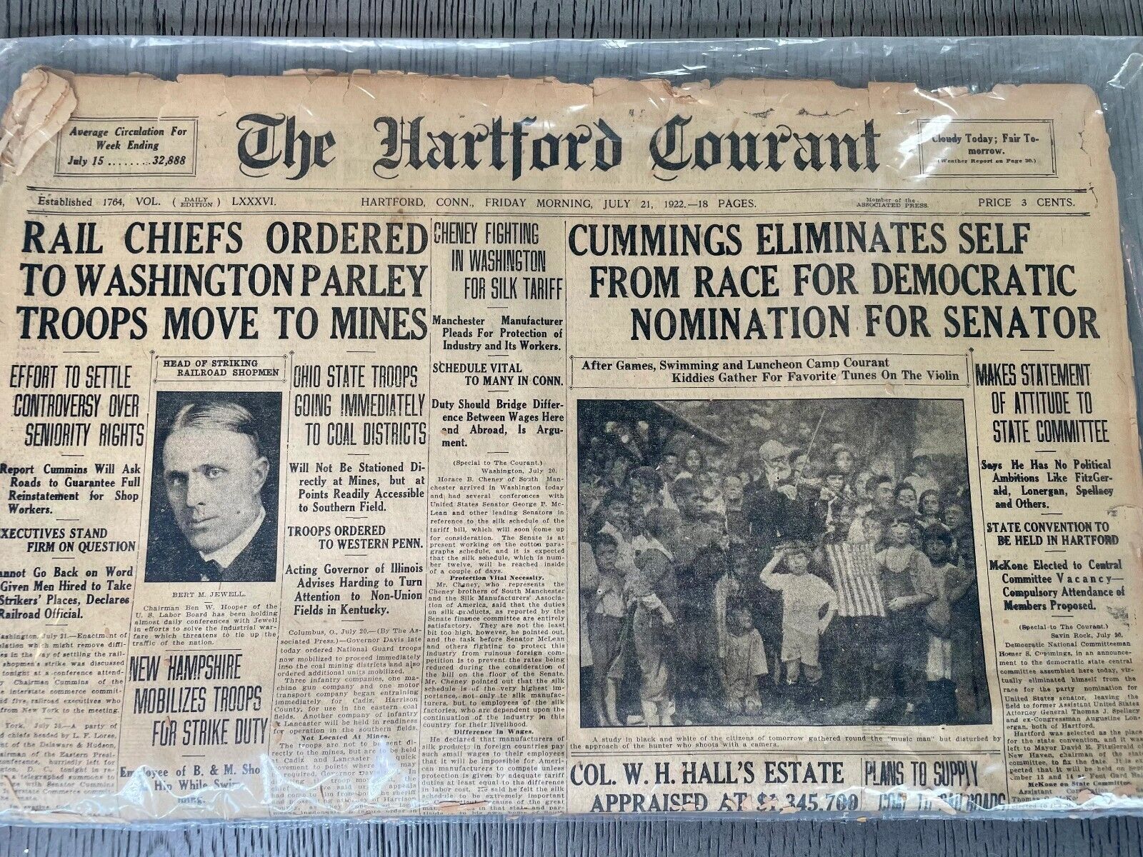 The Hartford Courant Antique 1922 Newspaper with Certificate of Authenticity