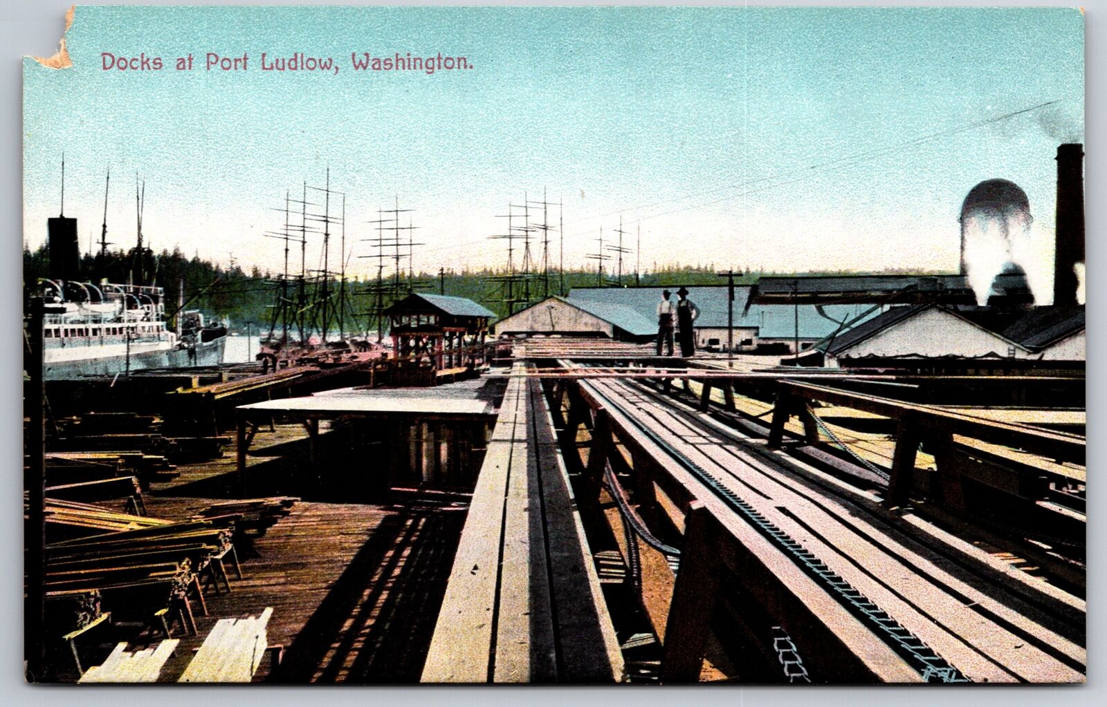 Port Ludlow Washington~View Along Docks~Sailors on Platform~Ships~c1910 PC