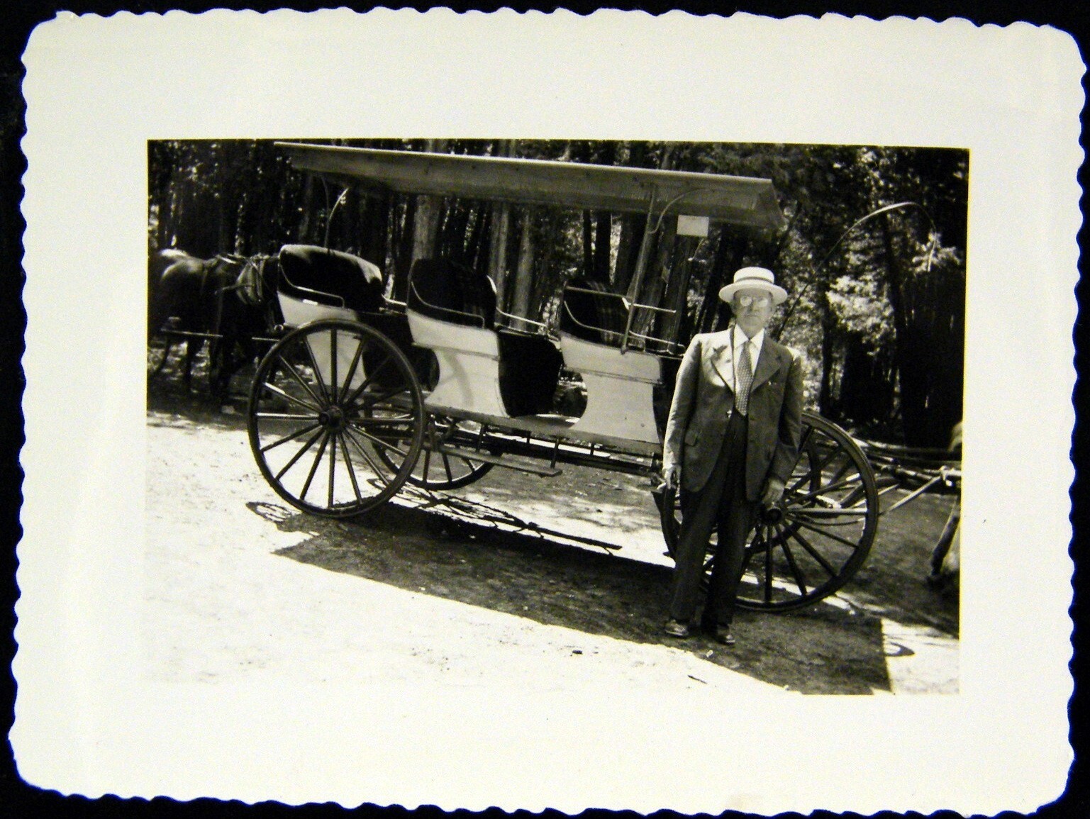 1941 Photo Snapshot Man in Boater in Front of Horse Drawn Carriage 1941 Photo Snapshot Man in Boater in Front of Horse Drawn Carriage