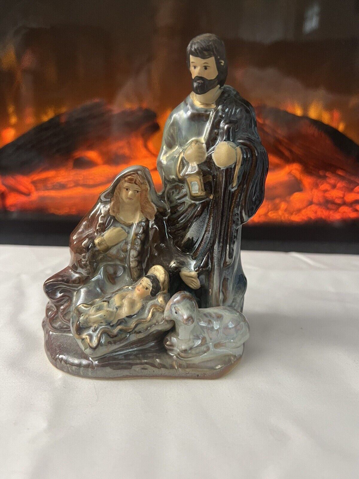 Nativity  Figurine Virgin Mary Joseph Baby Jesus  Glazed Ceramic Vintage