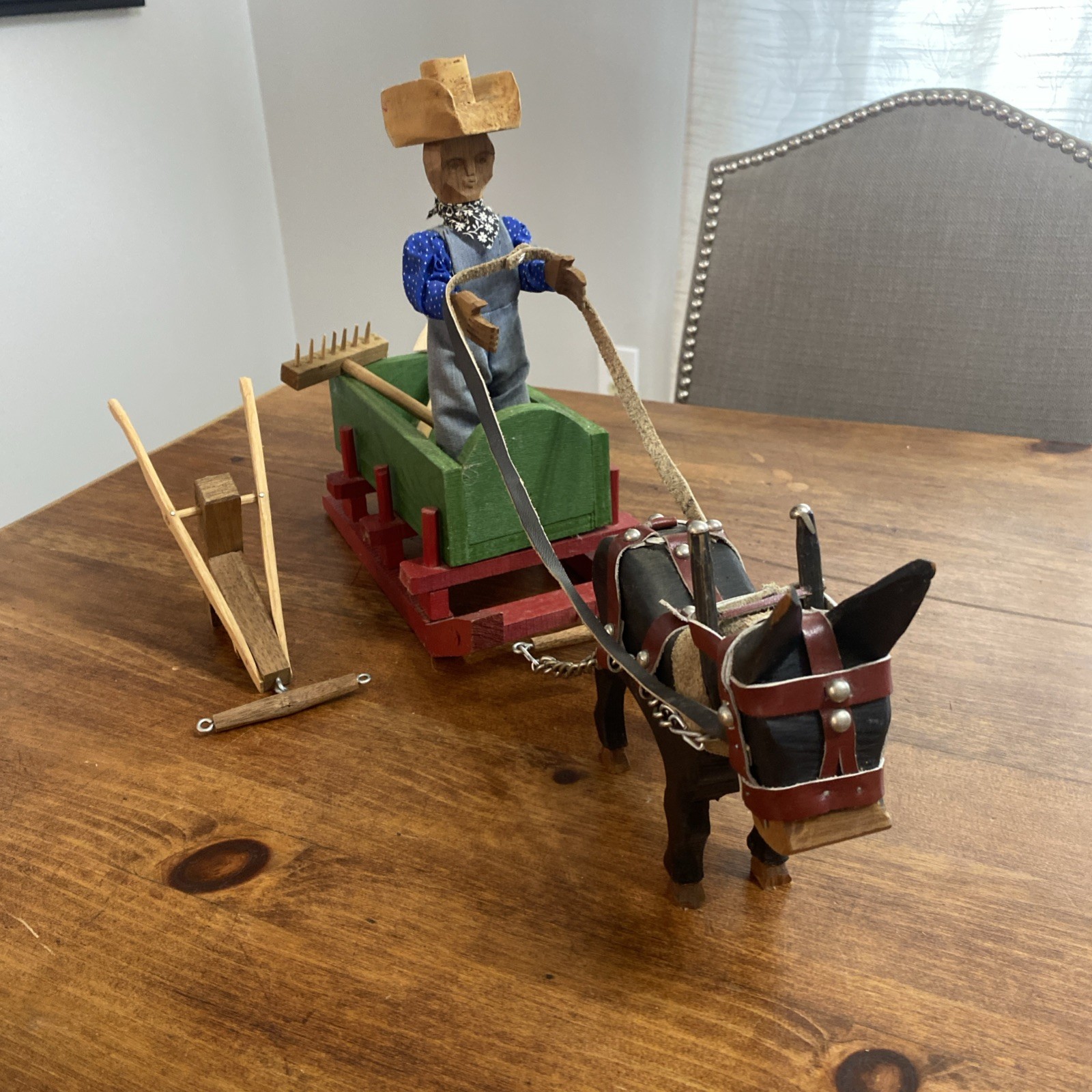 Vtg Willard Watson Hand Carved Mule & cart Sculpture Folk Art Rare Piece