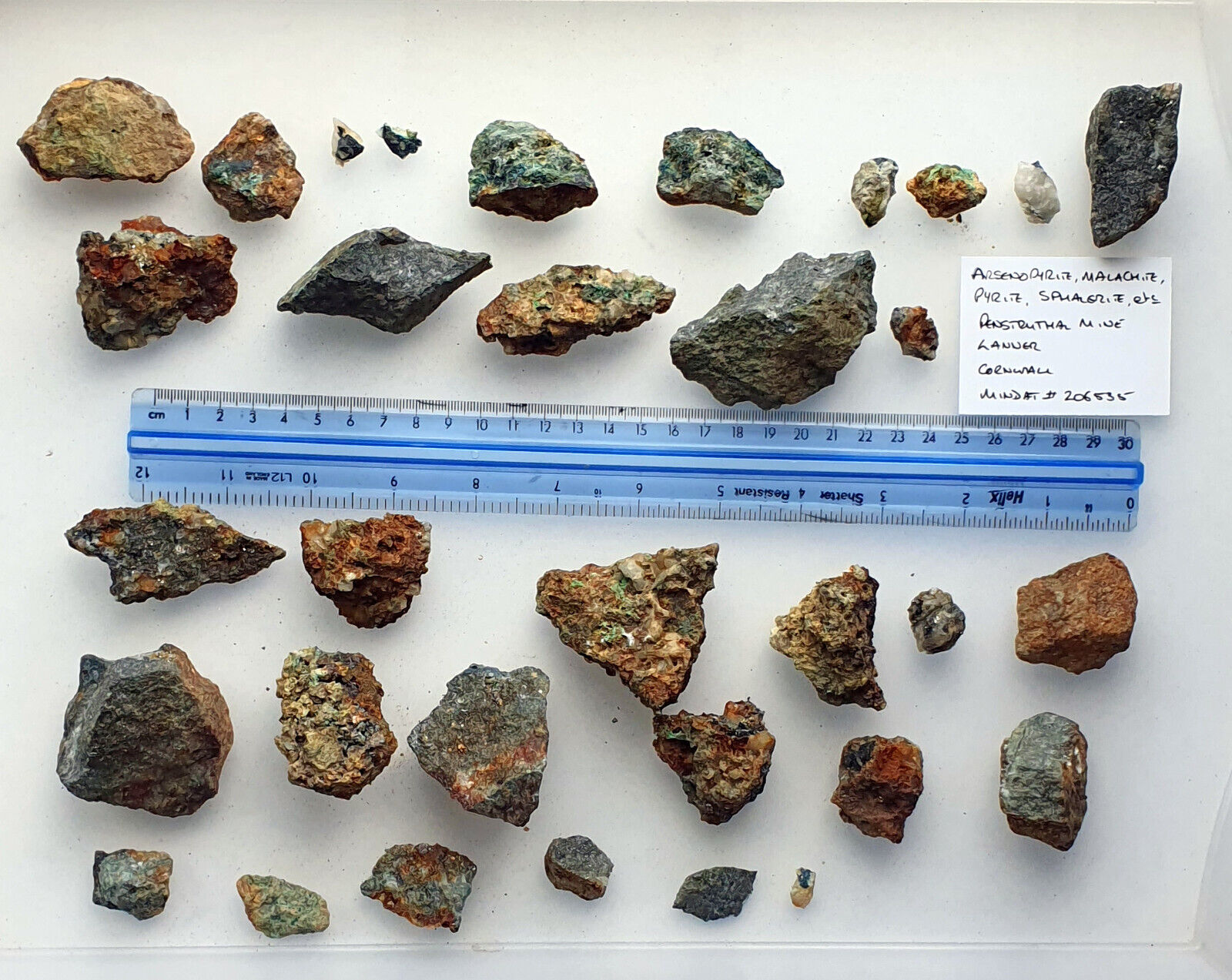 Sphalerite, Malachite, Arsenopyrite, Pyrite, Penstruthal Mine, Lanner, Cornwall