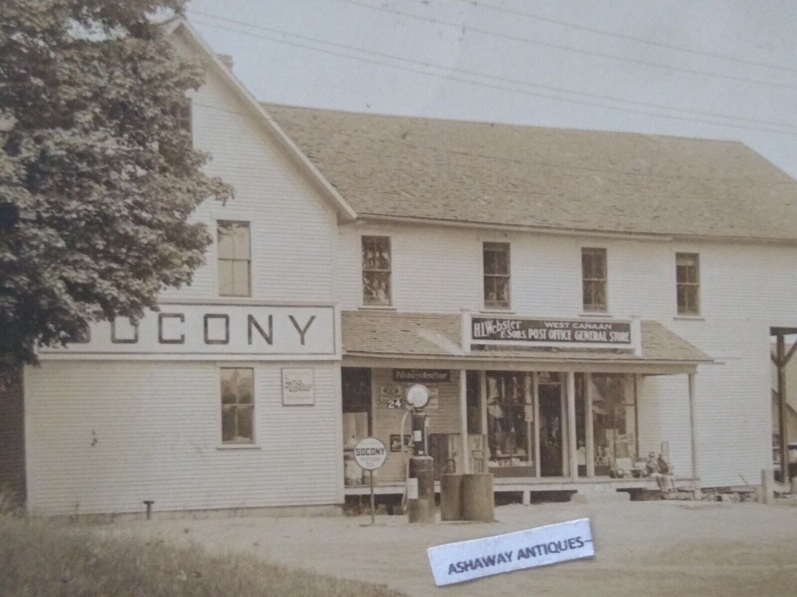1918 RPPC of GAS STATION Store & POST OFFICE in WEST CANAAN NY with SOCONY Sign