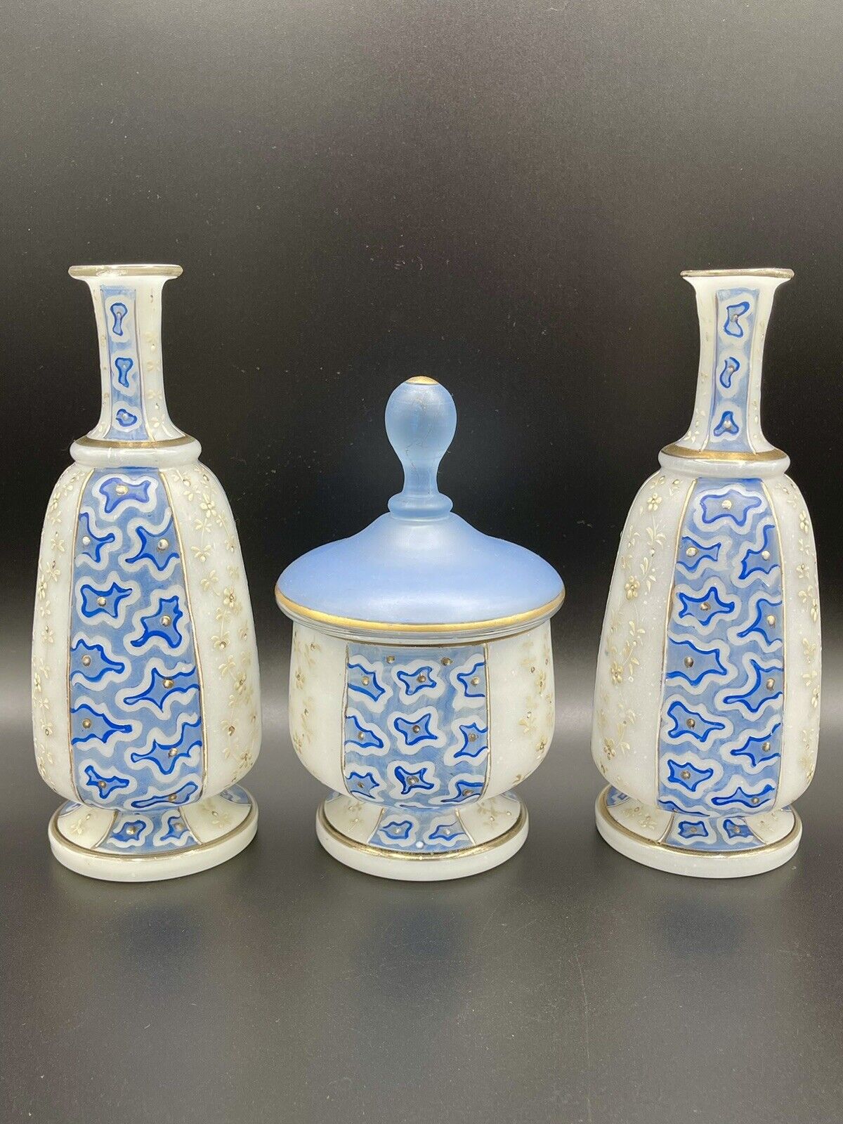 Antique Bristol Glass Set Abstract Enamel 2 Vases 1 Covered Lidded Dresser Dish