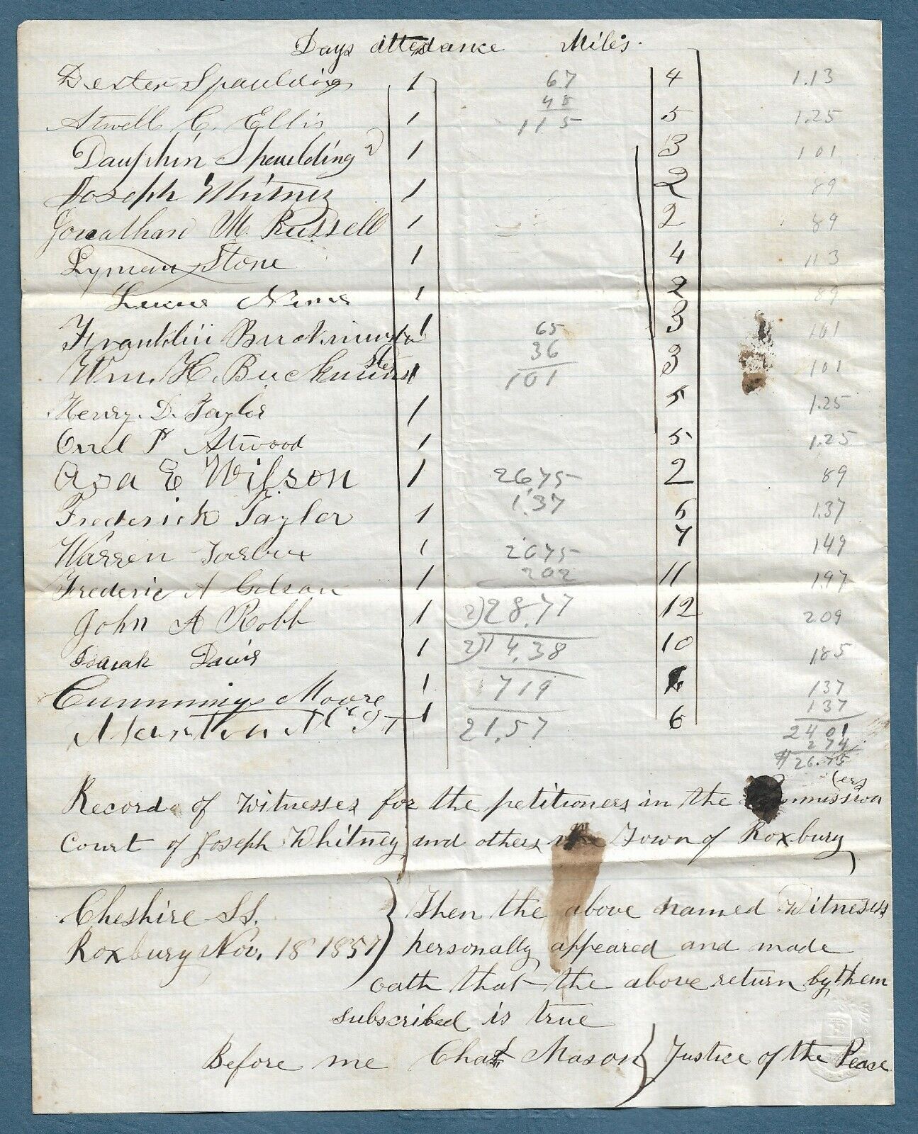 1857 Roxbury NH Court Document Signed Charles Mason &19 Others  J Whitney  Keene