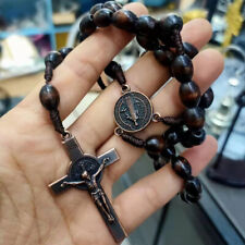Saint St Benedict Deep Brown Wood Beads Rosary Prayer Crucifix Cross Jerusalem picture