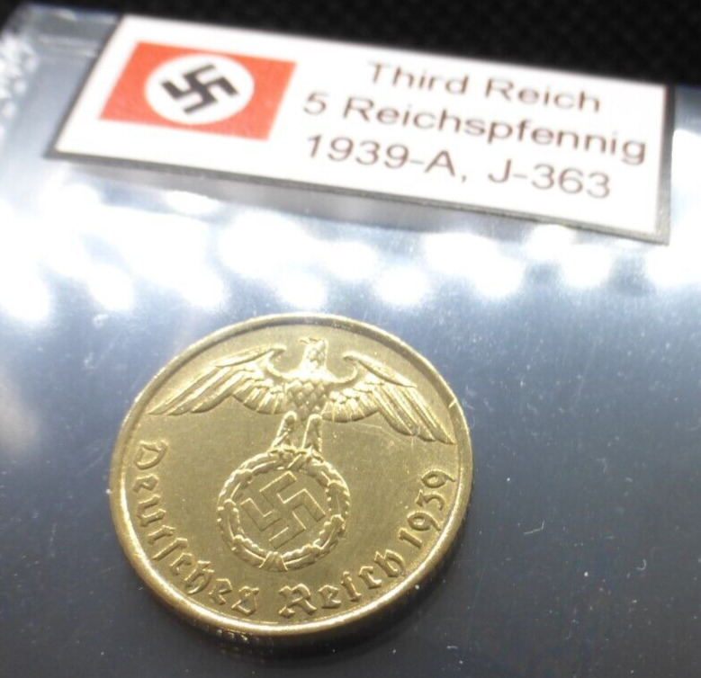 Nazi Bronze Coin - 5 Reichspfennig 1937-1939 Third Reich Eagle Swastika Labeled
