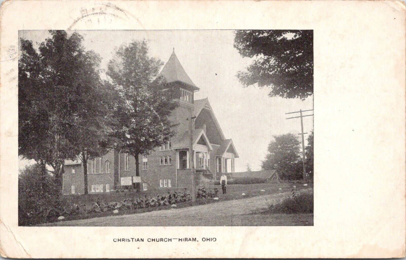 Hiram Ohio~Christian Church~Man in Front Yard~c1910 B&W Postcard