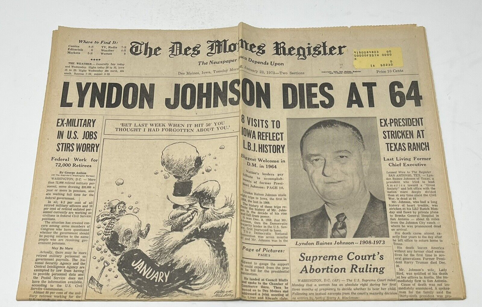 1973 Lyndon Johnson Dies At 64 Newspaper Supreme Court Ruling Abortion