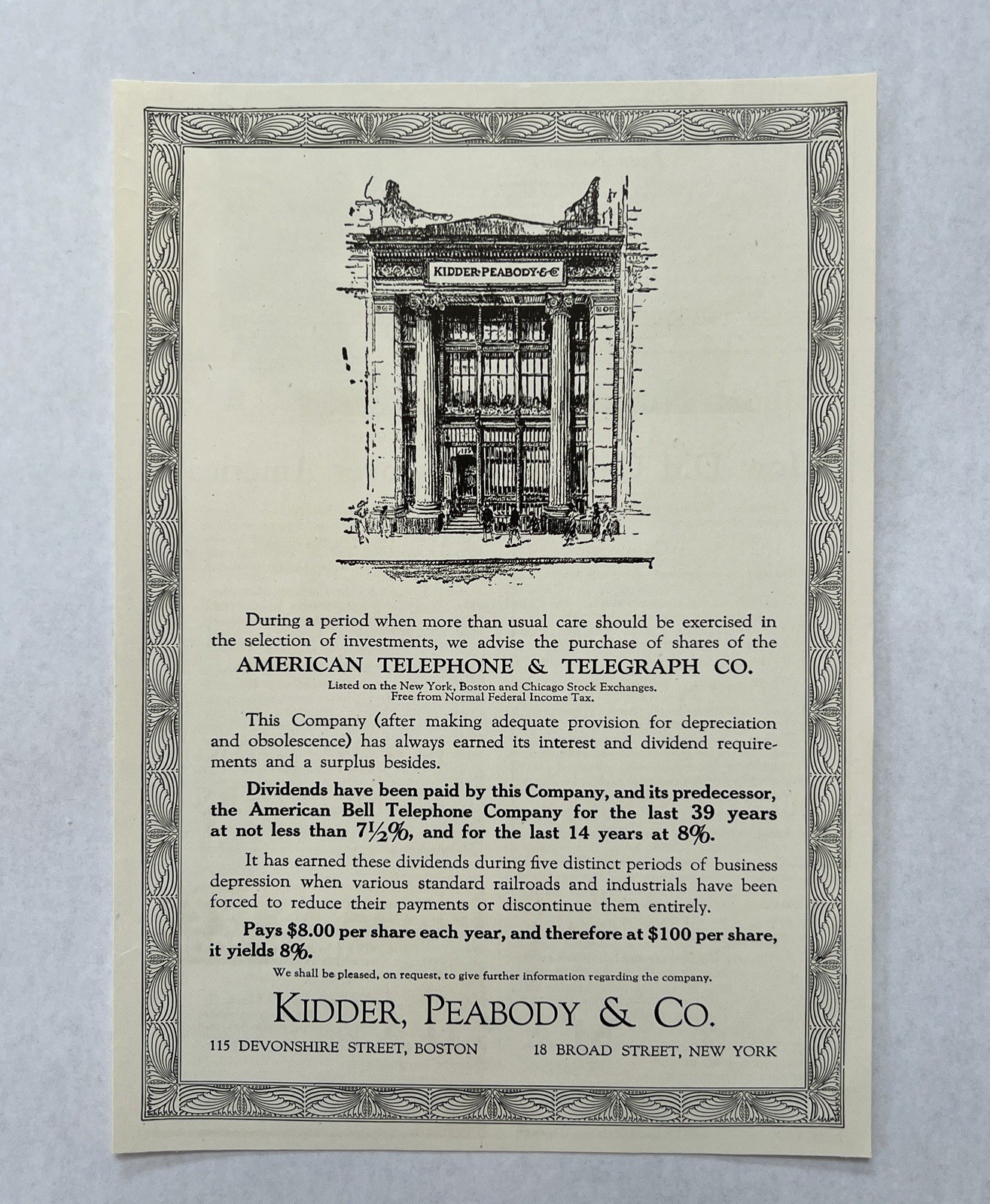Antique 1921 Kidder Peabody AT&T Stock Investment Print Ad Finance History Antique 1921 Kidder Peabody AT&T Stock Investment Print Ad Finance History