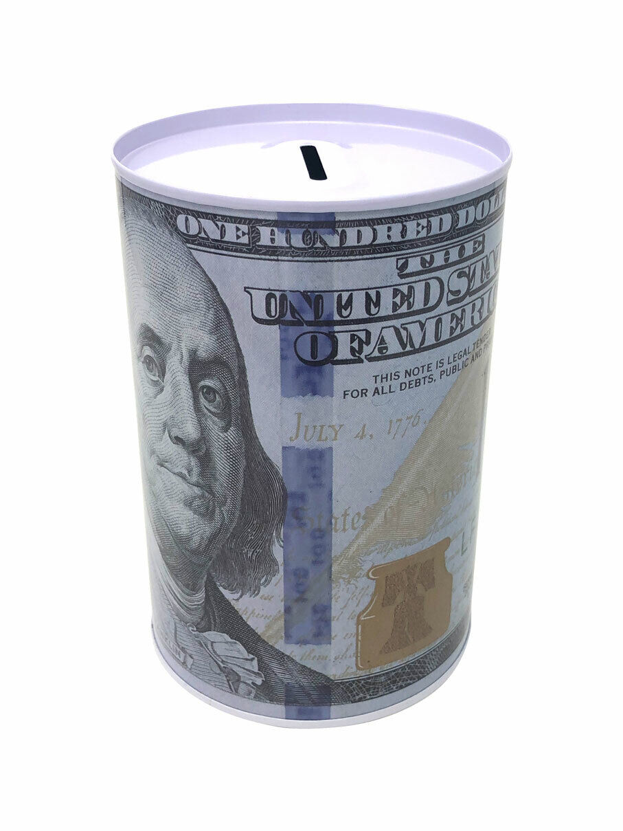 Tin Money Savings Piggy Bank with Ben Franklin $100 Bill Money Coin Saver 4