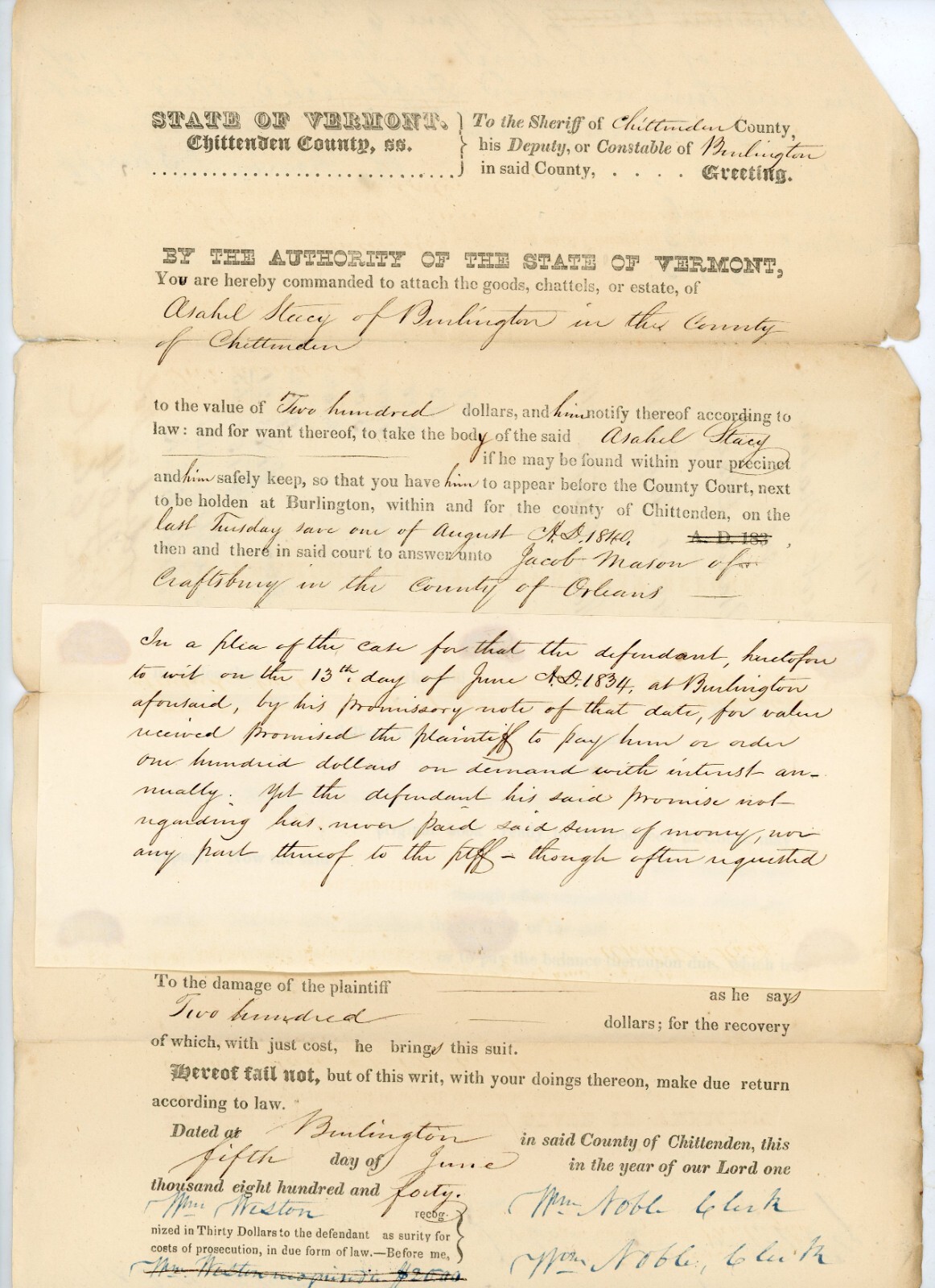 1840 Handwritten doc signed Sheriff Horace Ferris Burlington Chittenden Vt