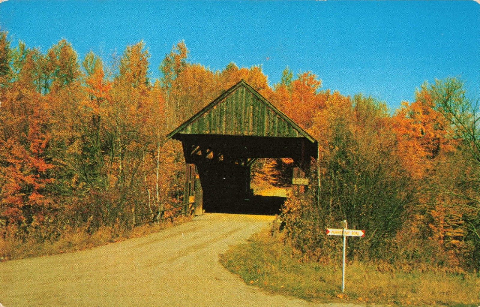Stowe VT Vermont, Old Covered Bridge, Fall Foliage, Vintage Postcard