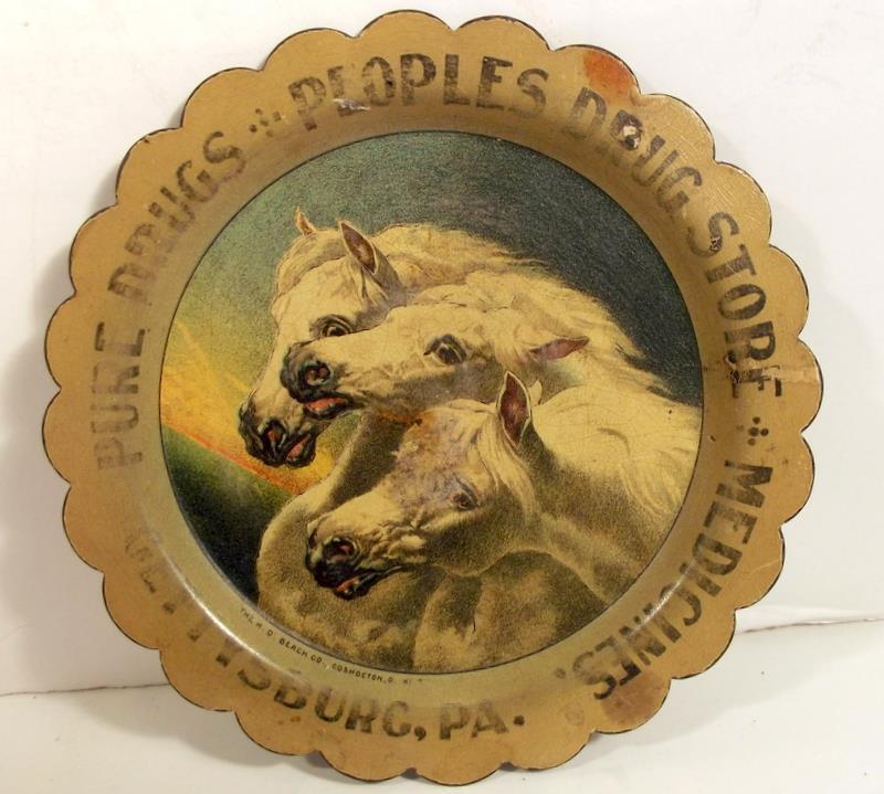 Antique People's Drug Store Gettysburg PA Tip Tray W/3 White Horses Early 1900s