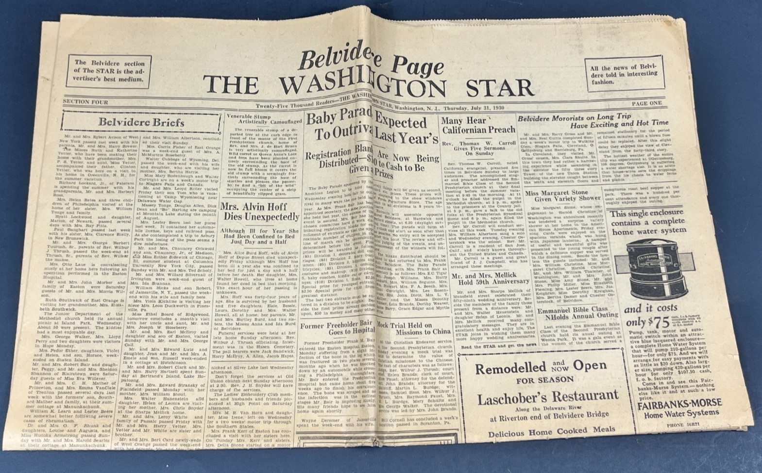 1930 Belvidere NJ Newspaper PAGE People Events Hotel Motorists 1930s New Jersey