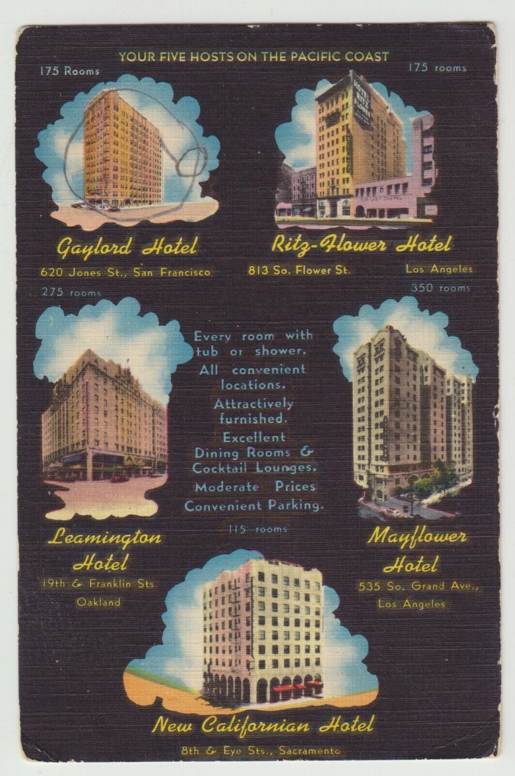Hotels, Gaylord, Ritz-Flower, Lemington, Mayflower, CA,  Linen Postcard